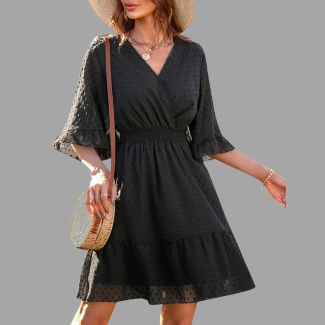 Mariella - Dotted dress with gathered waist and bell sleeves