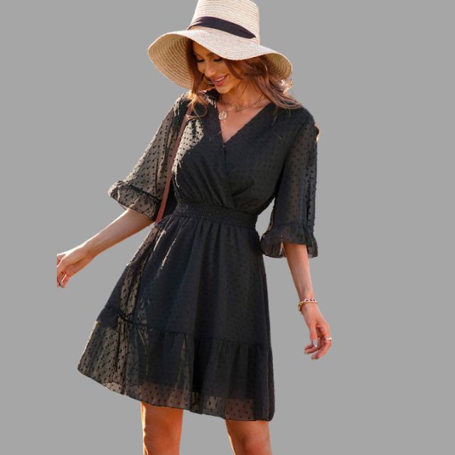 Mariella - Dotted dress with gathered waist and bell sleeves