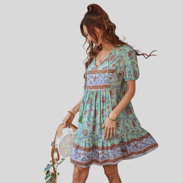 Glenda - Boho-chic floral dress with high waist