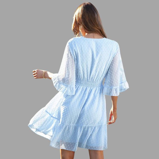 Mariella - Dotted dress with gathered waist and bell sleeves