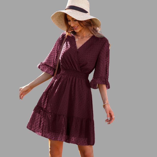 Mariella - Dotted dress with gathered waist and bell sleeves