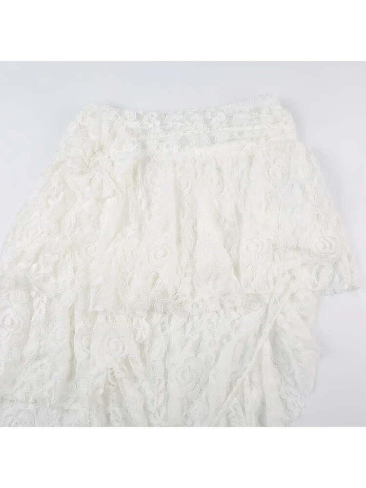 Asymmetric lace mini skirt with mid-rise waist