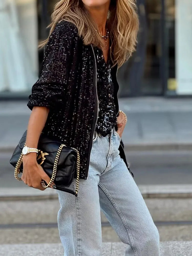 Women's Sequin Blazer Jacket Long Sleeve Zip-Up Lightweight Outerwear