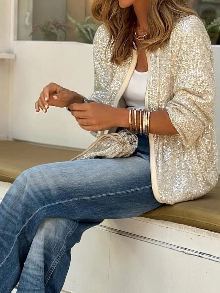 Women's Sequin Blazer Jacket Long Sleeve Zip-Up Lightweight Outerwear