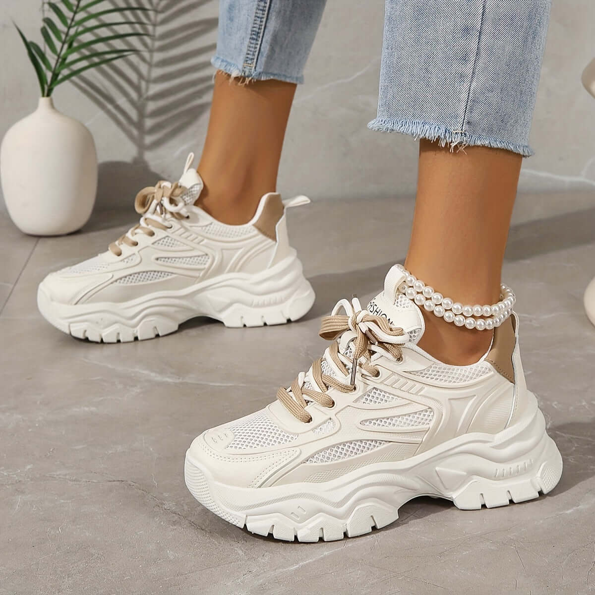 Women's White Mesh Thick Sole Trainers