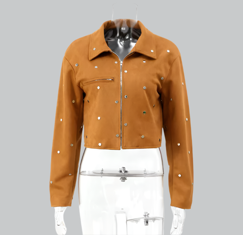 Women's Cropped Suede Jacket - Studded Design - Zip Closure - Point Collar