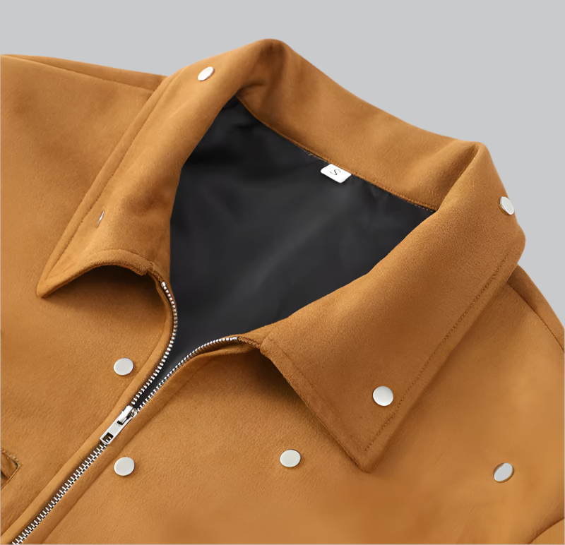 Women's Cropped Suede Jacket - Studded Design - Zip Closure - Point Collar