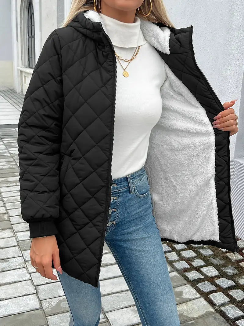 Women's Quilted Jacket - Hooded Longline Coat - Warm Insulated Outerwear