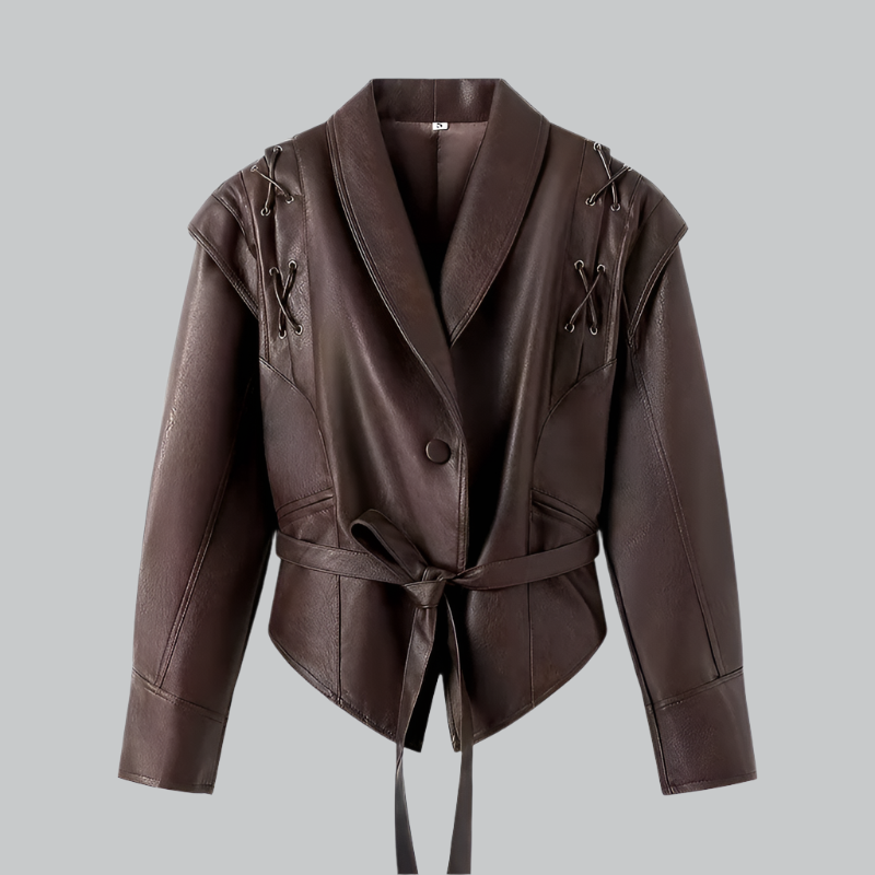 Women's Leather Jacket - Tailored Fit - Wrap Front with Tie Belt - Padded Shoulders