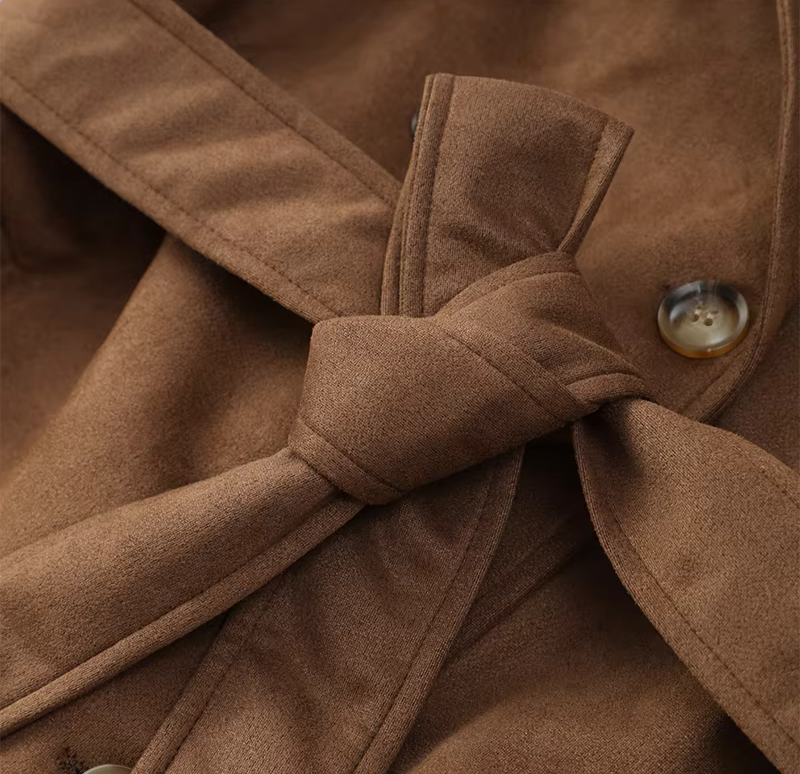 Elegant suede belted long coat for women