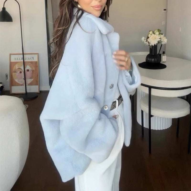 Loose lafel furry winter coat for women