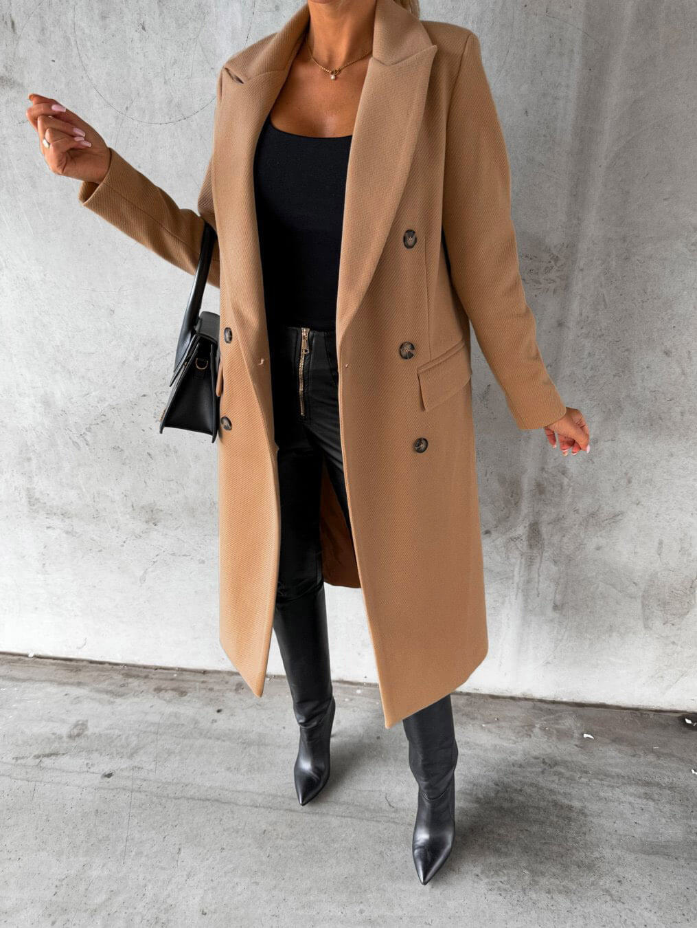 Women's Long Coat - Double Breasted - Tailored Fit - Notched Lapels - Formal Elegant Wear
