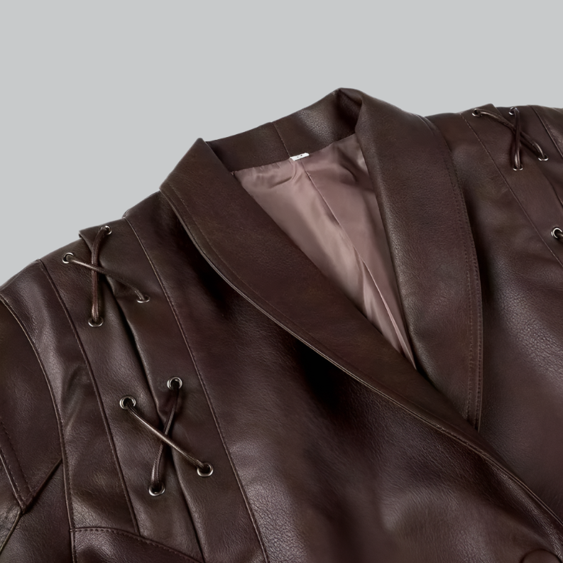 Women's Leather Jacket - Tailored Fit - Wrap Front with Tie Belt - Padded Shoulders