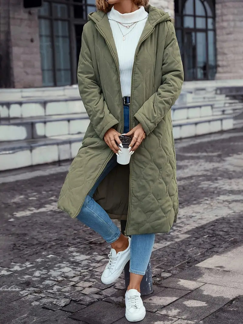 Women's Quilted Long Coat - Hooded - Full-Length Insulated - Zip Closure