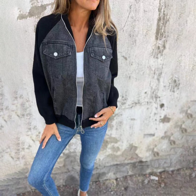 Stylish denim contrast sleeve jacket for women