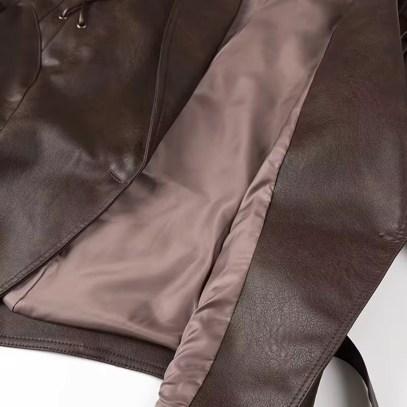 Women's Leather Jacket - Tailored Fit - Wrap Front with Tie Belt - Padded Shoulders