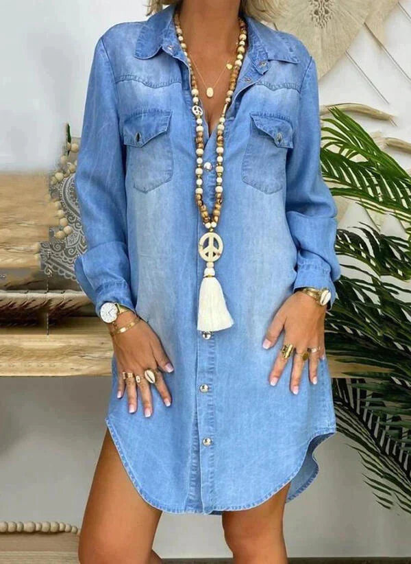 Women's Denim Shirt Dress - Knee-Length - Long Sleeve - Button-Down with Chest Pockets