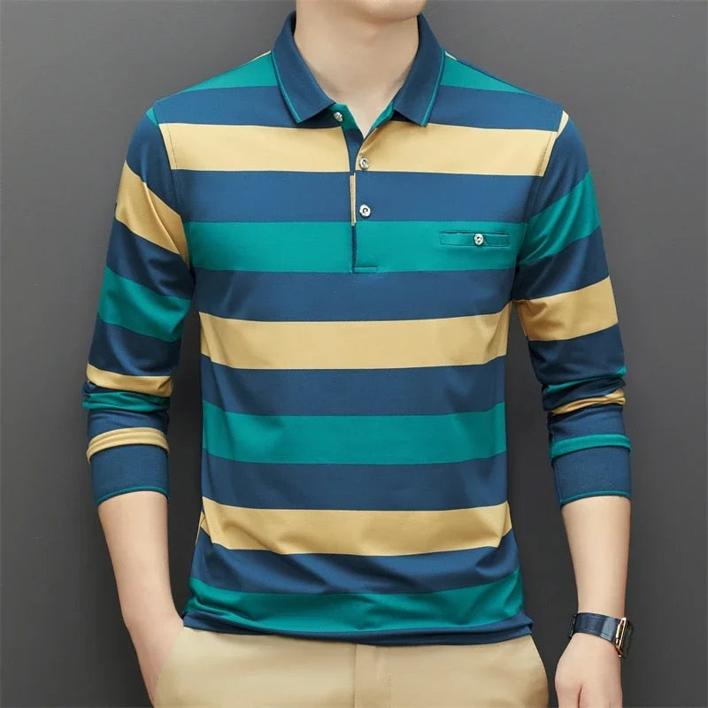 Rohan - Tricolour Striped Men's Long-Sleeved Polo Shirt