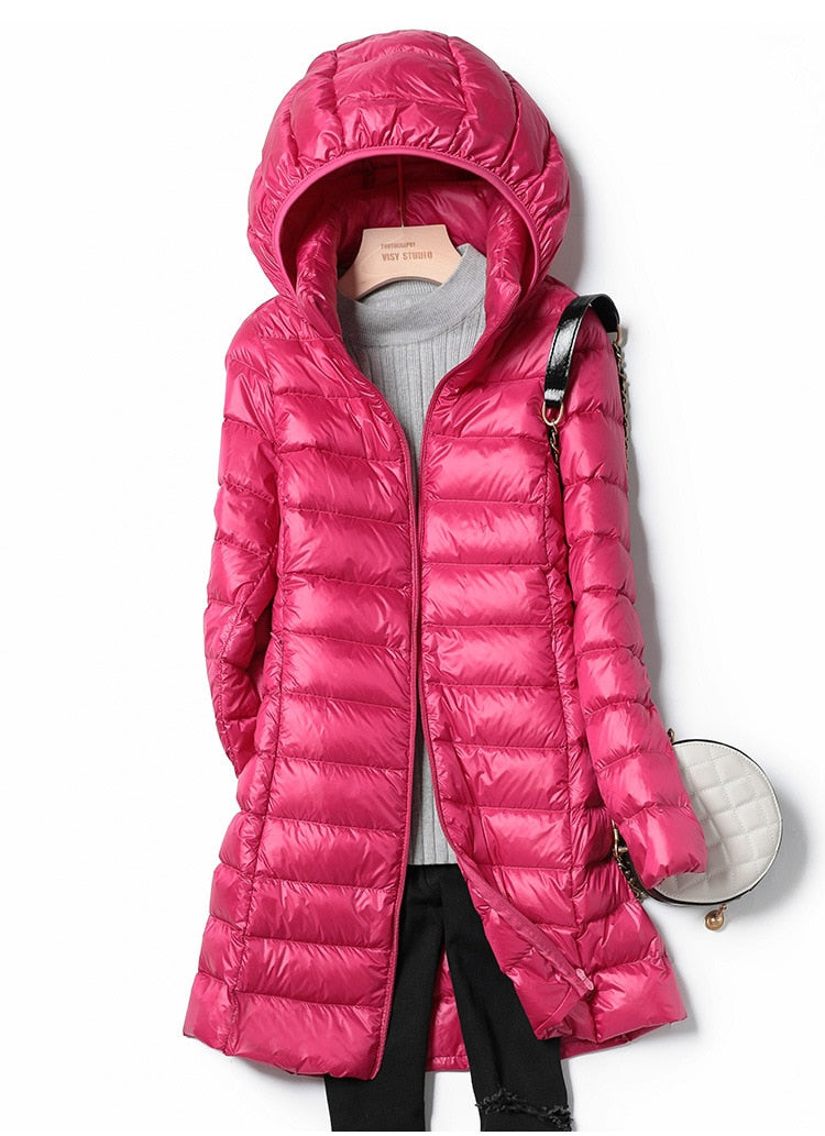 Women's Long Puffer Jacket - Quilted Lightweight - Hooded with Zip Closure - Warm Fit