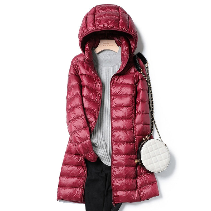 Women's Long Puffer Jacket - Quilted Lightweight - Hooded with Zip Closure - Warm Fit