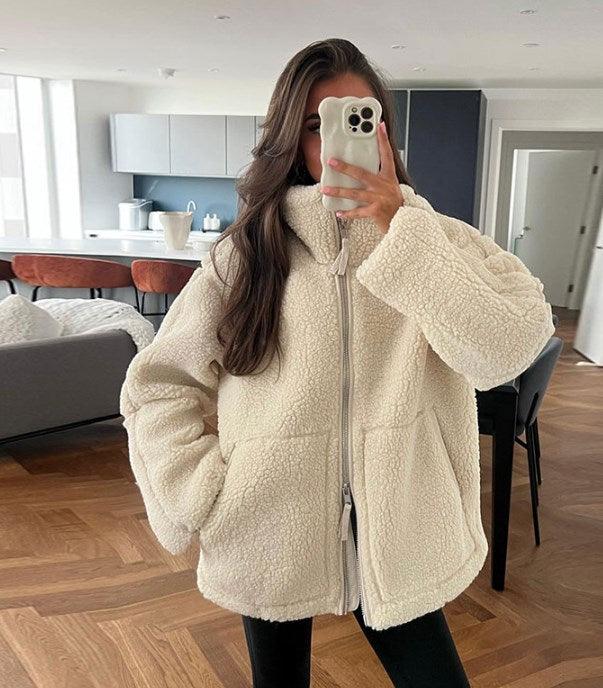 Women's Shearling Jacket - Oversized Fit - High Collar - Zip-Up Soft Teddy Fleece