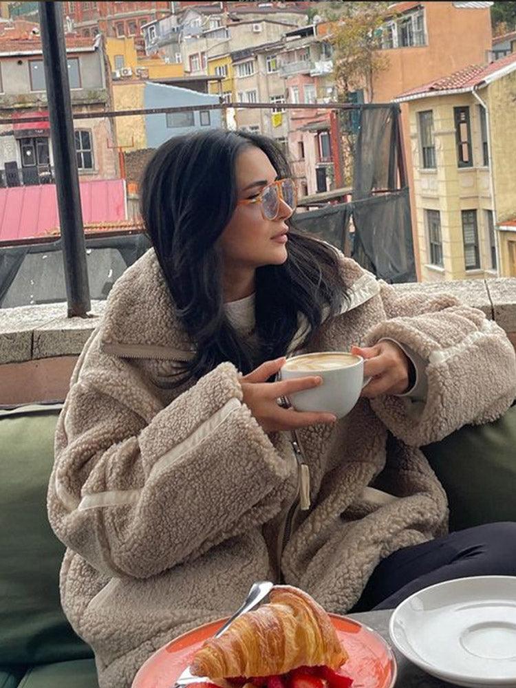 Women's Shearling Jacket - Oversized Fit - High Collar - Zip-Up Soft Teddy Fleece