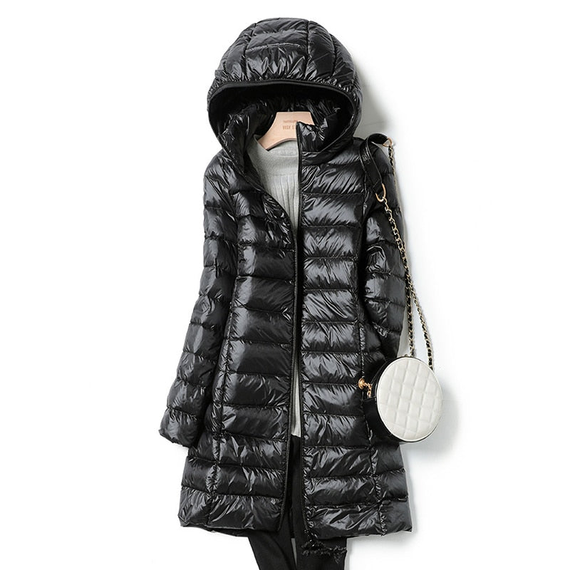 Women's Long Puffer Jacket - Quilted Lightweight - Hooded with Zip Closure - Warm Fit