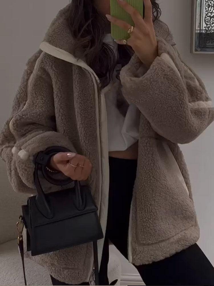 Women's Shearling Jacket - Oversized Fit - High Collar - Zip-Up Soft Teddy Fleece