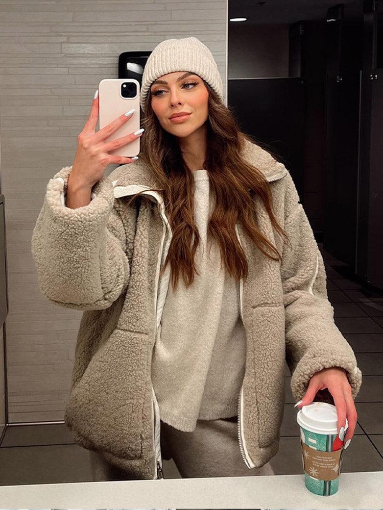 Women's Shearling Jacket - Oversized Fit - High Collar - Zip-Up Soft Teddy Fleece