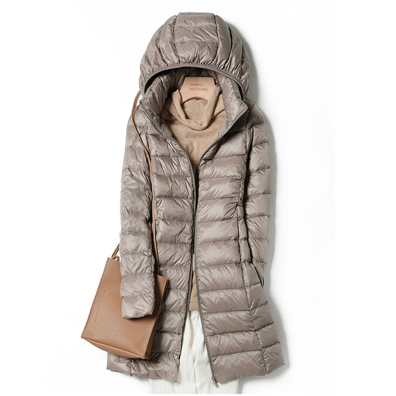 Women's Long Puffer Jacket - Quilted Lightweight - Hooded with Zip Closure - Warm Fit