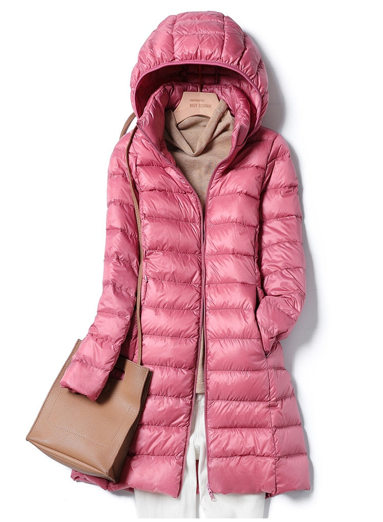 Women's Long Puffer Jacket - Quilted Lightweight - Hooded with Zip Closure - Warm Fit