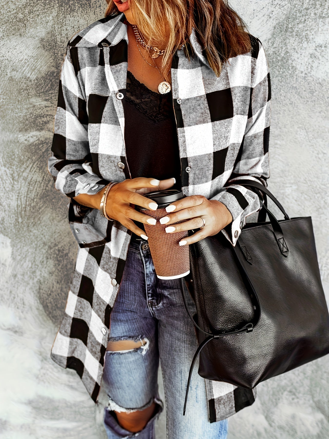 Checked button down collared jacket for women