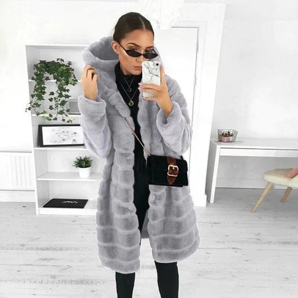 Women's Faux Fur Coat - Longline Plush Hooded Design - Relaxed Fit Elegant Style