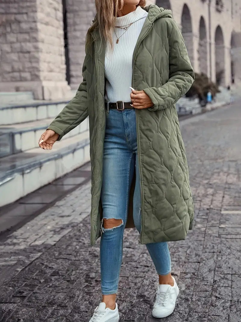 Women's Quilted Long Coat - Hooded - Full-Length Insulated - Zip Closure