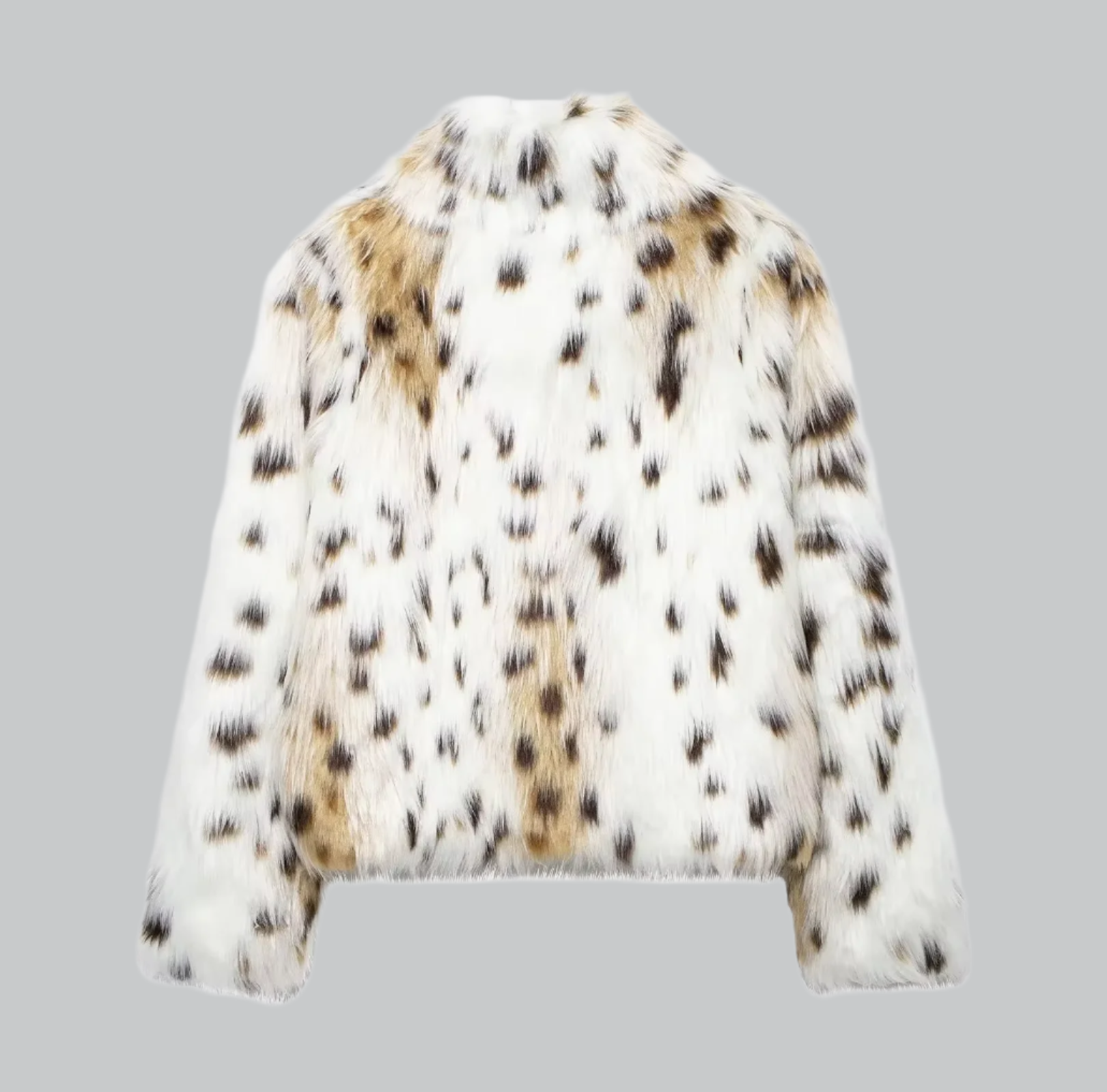 Women's Faux Fur Jacket - Animal Print - High Collar - Cropped Length - Relaxed Fit