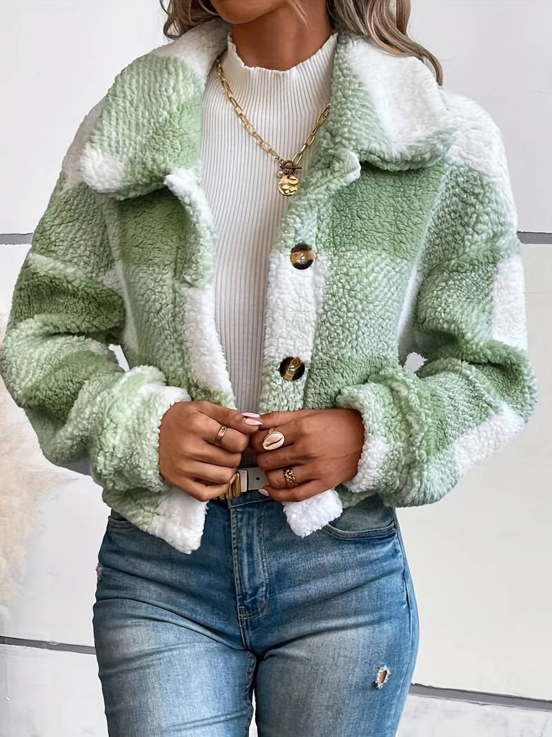 Women's Checkered Sherpa Jacket - Soft Fleece - Button-Up - Warm & Stylish