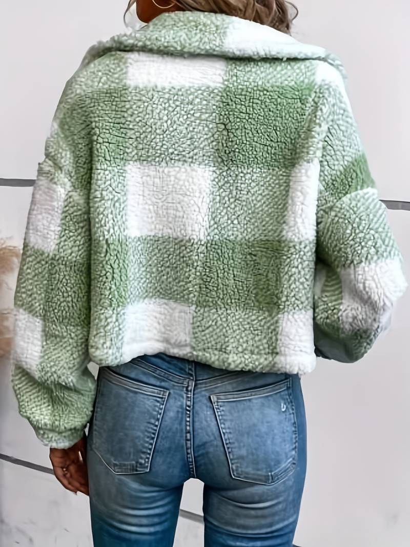 Women's Checkered Sherpa Jacket - Soft Fleece - Button-Up - Warm & Stylish