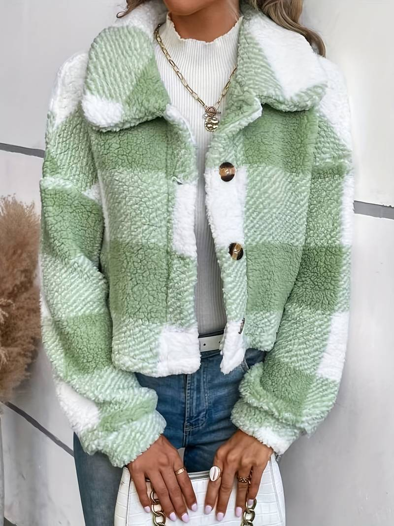 Women's Checkered Sherpa Jacket - Soft Fleece - Button-Up - Warm & Stylish