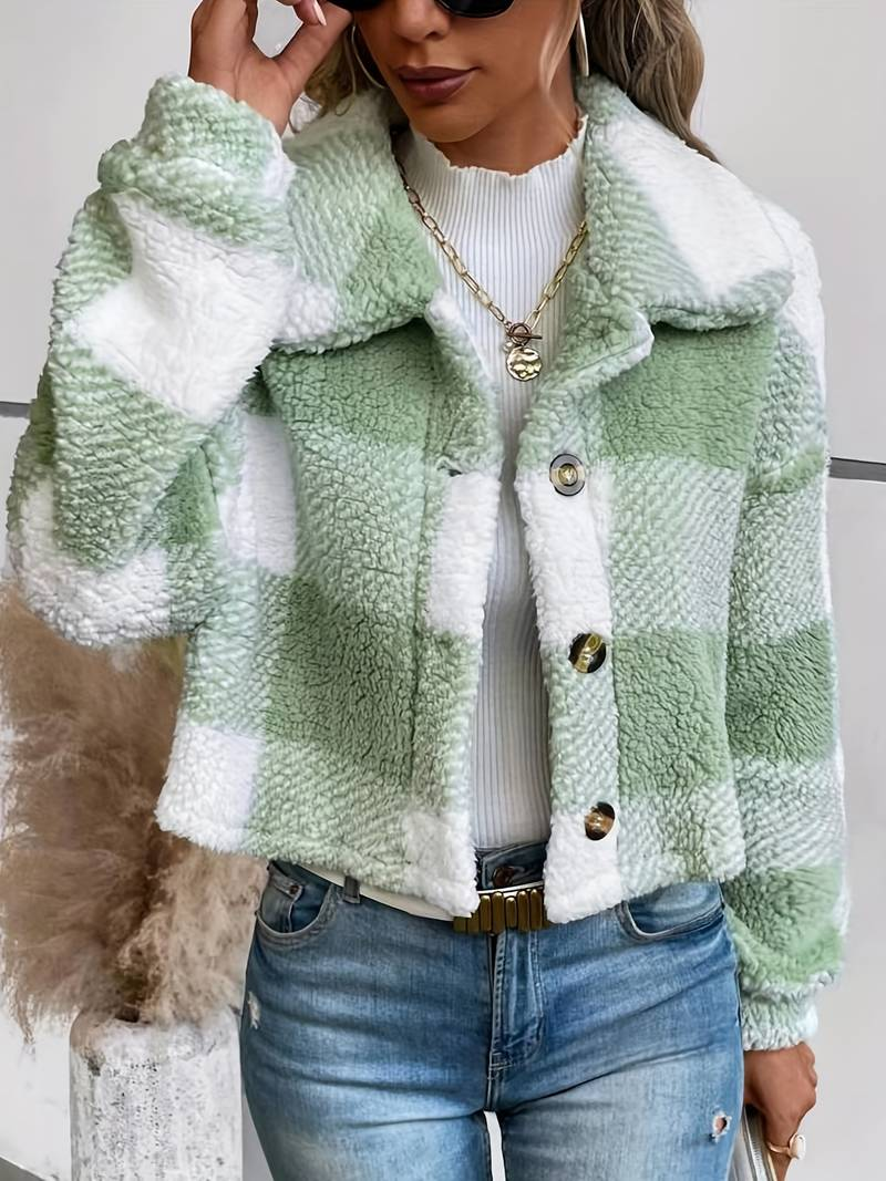 Women's Checkered Sherpa Jacket - Soft Fleece - Button-Up - Warm & Stylish