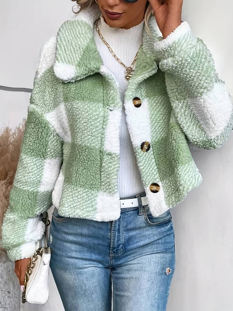 Women's Checkered Sherpa Jacket - Soft Fleece - Button-Up - Warm & Stylish