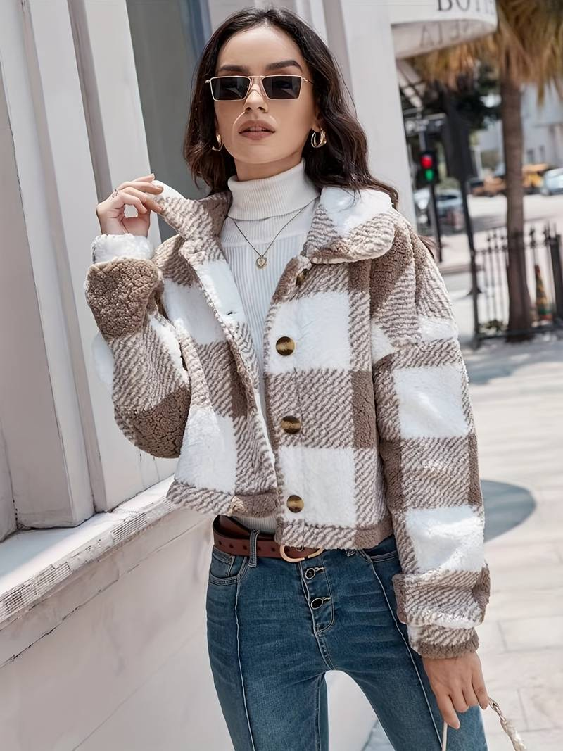 Women's Checkered Sherpa Jacket - Soft Fleece - Button-Up - Warm & Stylish