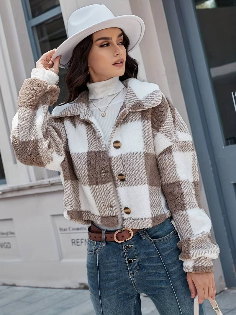 Women's Checkered Sherpa Jacket - Soft Fleece - Button-Up - Warm & Stylish