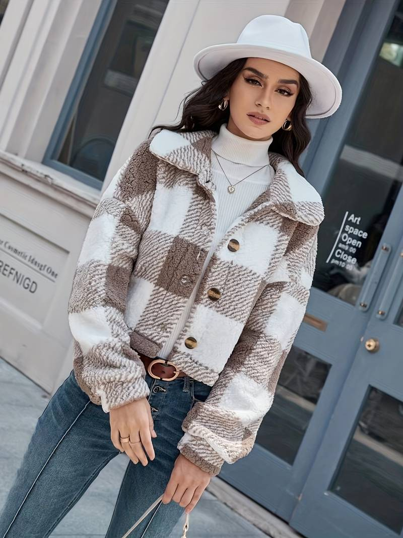 Women's Checkered Sherpa Jacket - Soft Fleece - Button-Up - Warm & Stylish