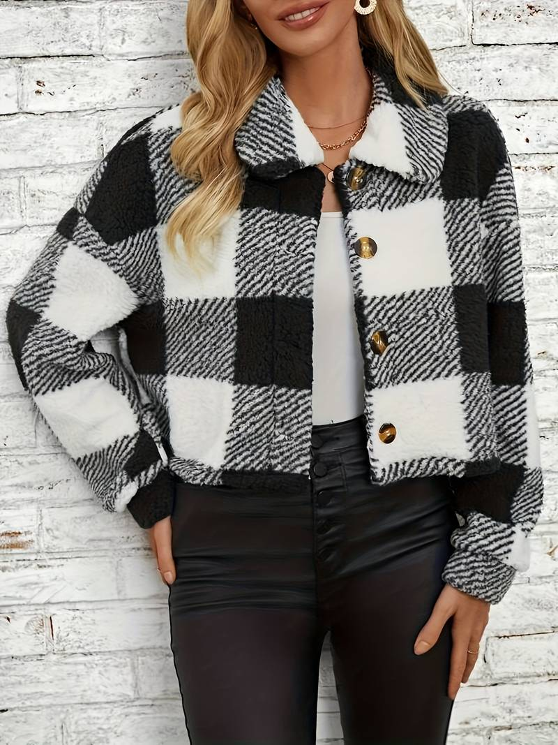 Women's Checkered Sherpa Jacket - Soft Fleece - Button-Up - Warm & Stylish