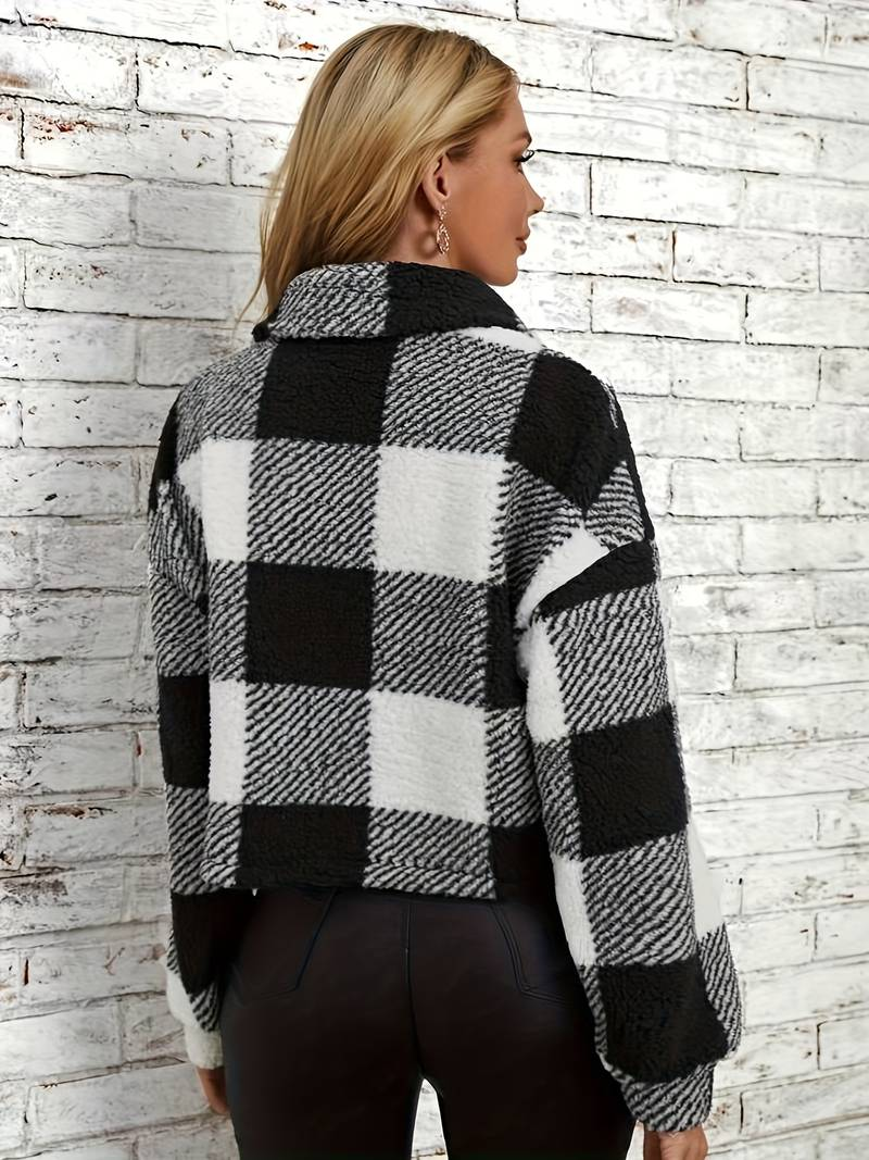 Women's Checkered Sherpa Jacket - Soft Fleece - Button-Up - Warm & Stylish