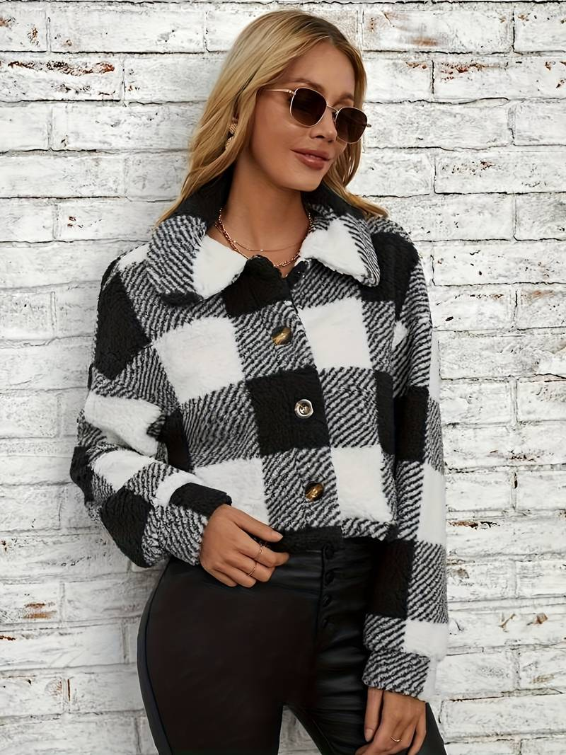 Women's Checkered Sherpa Jacket - Soft Fleece - Button-Up - Warm & Stylish