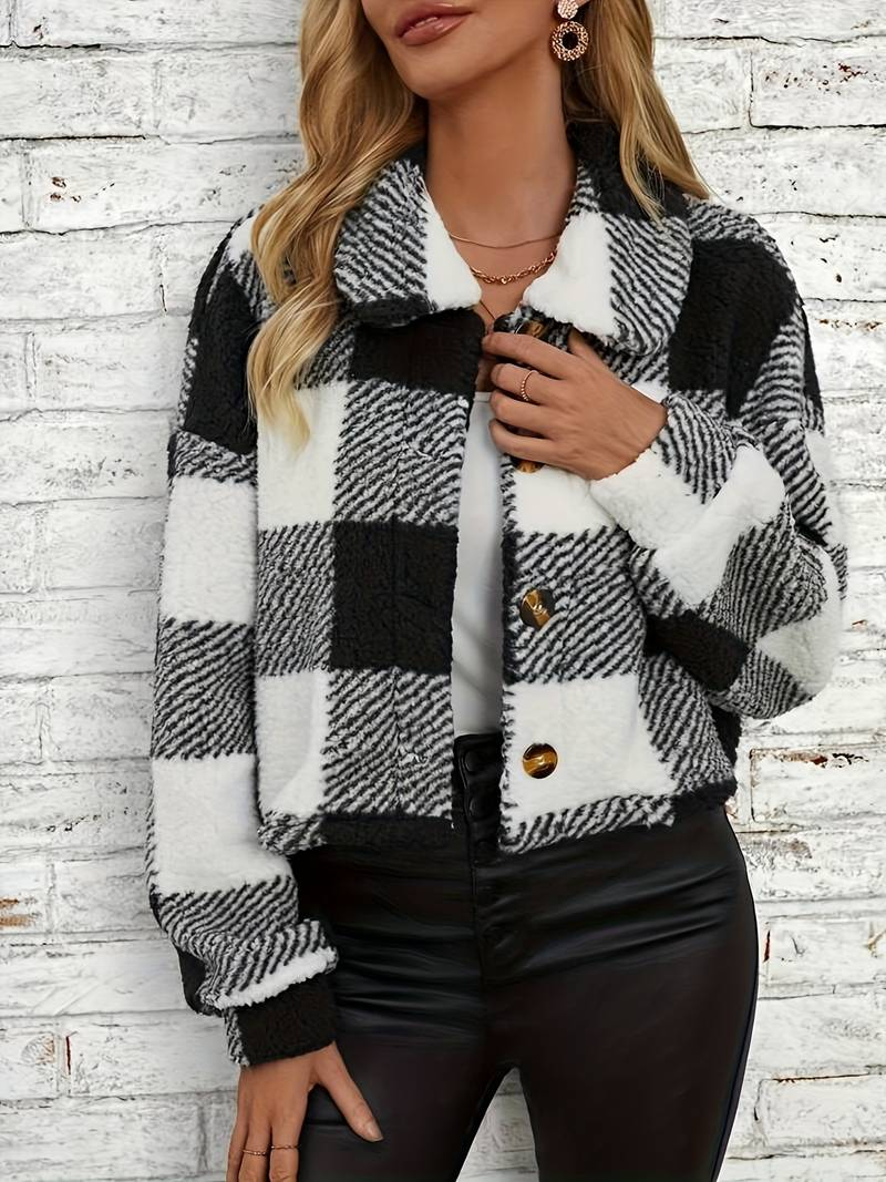 Women's Checkered Sherpa Jacket - Soft Fleece - Button-Up - Warm & Stylish