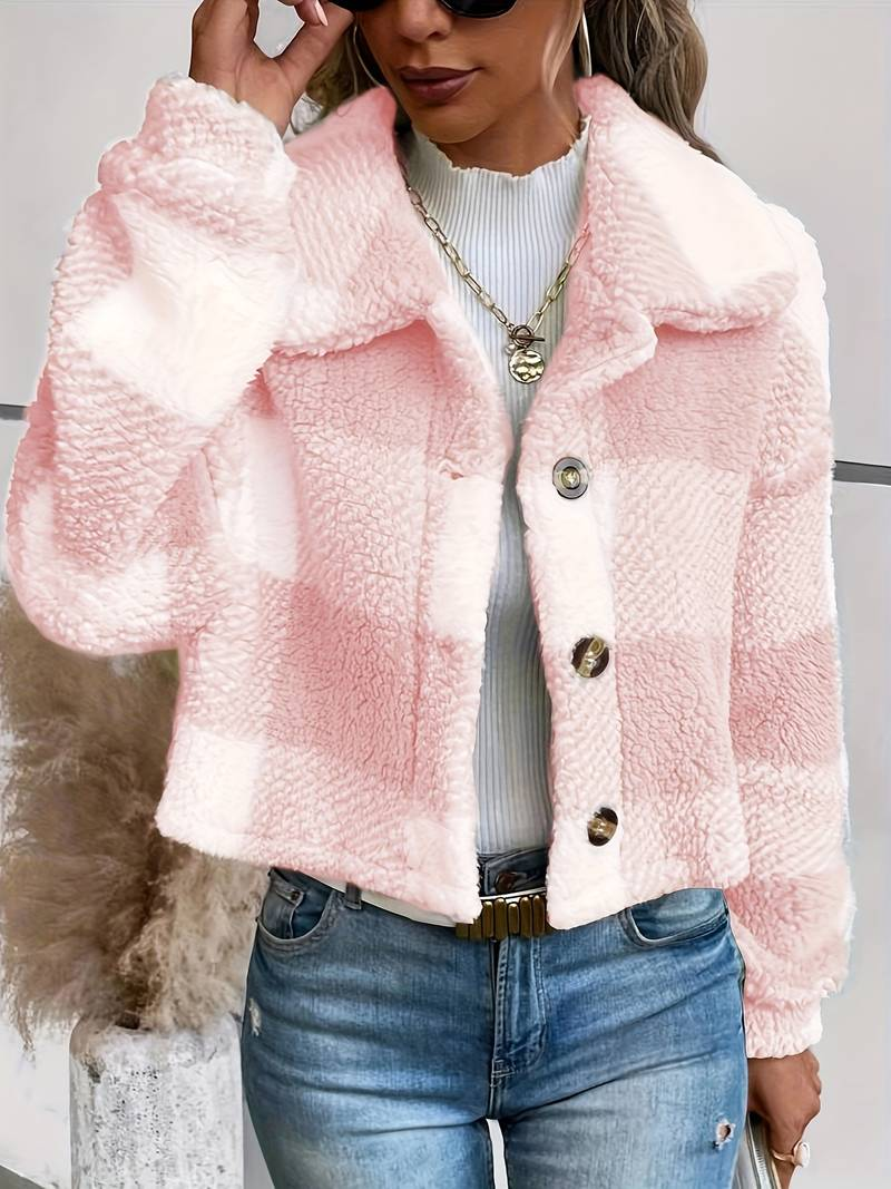 Women's Checkered Sherpa Jacket - Soft Fleece - Button-Up - Warm & Stylish