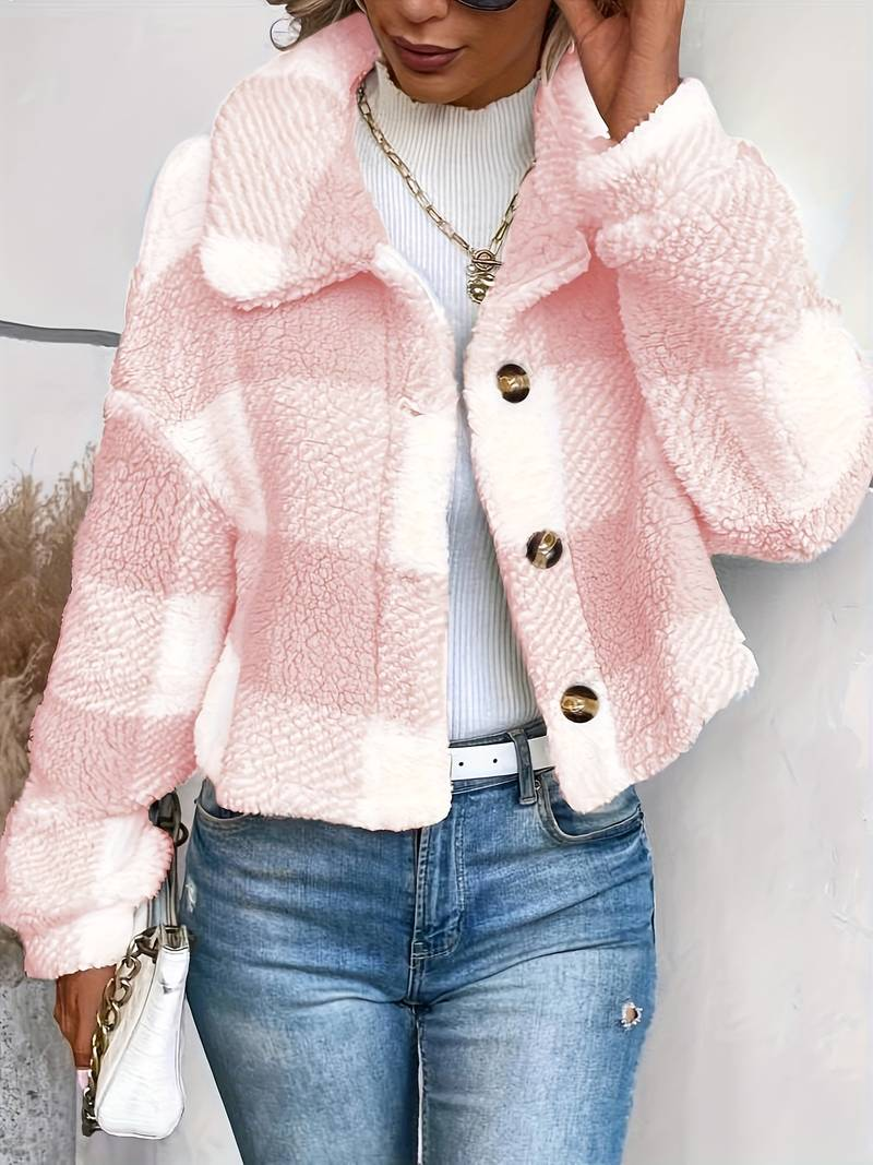 Women's Checkered Sherpa Jacket - Soft Fleece - Button-Up - Warm & Stylish