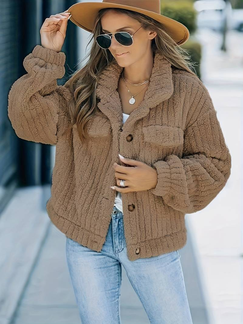 Women's Faux Fur Jacket - Oversized Fit - Notched Lapel - Button Front - Warm & Cozy